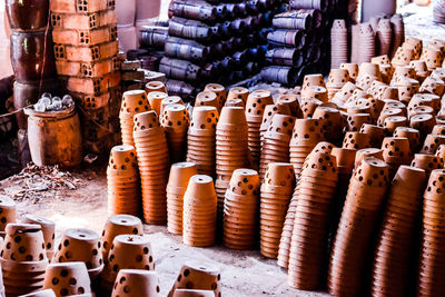Clay pots for sale at market stall