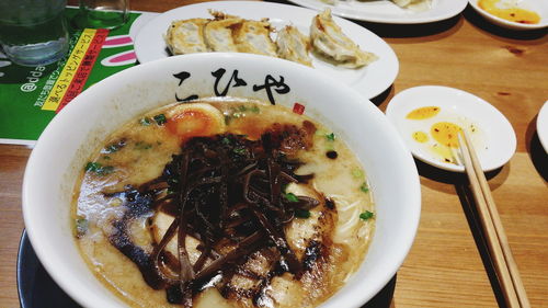 High angle view of food in plate on table