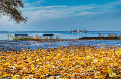 Scenic view of lake against sky during autumn