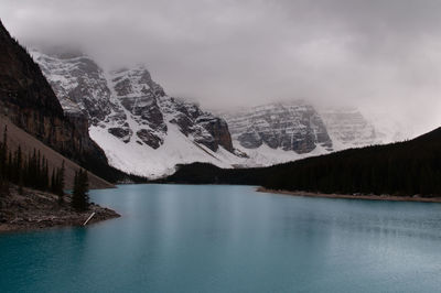 Scenic view of lake by snowcapped mountains against sky