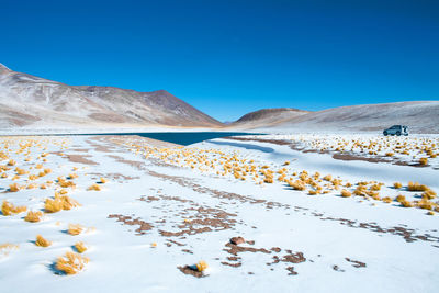 Scenic view of lake against clear blue sky