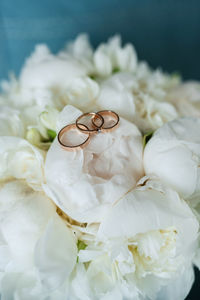 Close-up of wedding ring on flower