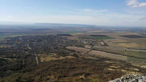 High angle view of land against sky