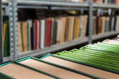 Close-up of books on shelf