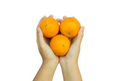 Close-up of hand holding orange against white background