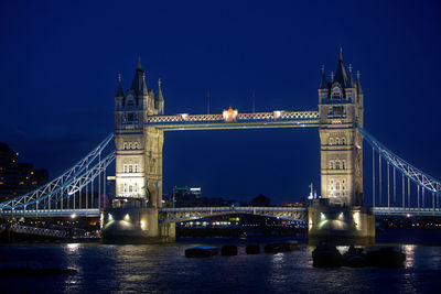 Illuminated suspension bridge over river at night