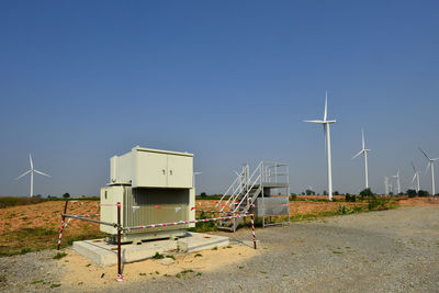 Windmill on field against clear sky