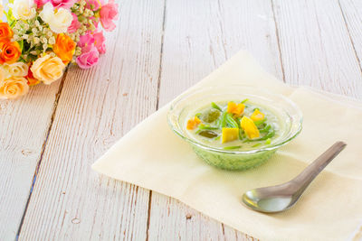 High angle view of vegetables in bowl on table