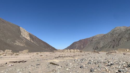 Scenic view of desert against clear blue sky