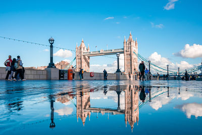 Iconic tower bridge view connecting london with southwark over thames river, uk.