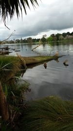 View of calm lake against cloudy sky