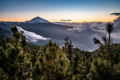 Panoramic view of volcanic landscape against sky during sunset