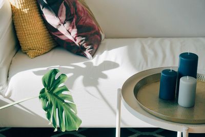 High angle view of sofa,  table and plant at home