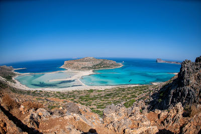 Panoramic view of sea against clear blue sky