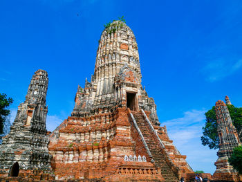 Low angle view of temple building against blue sky