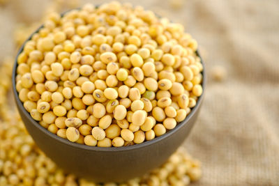 High angle view of eggs in bowl on table