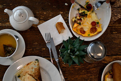 High angle view of breakfast on table