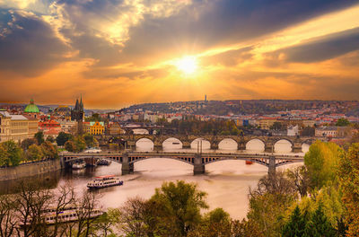 Bridge over river in city against sky during sunset