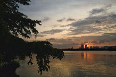 Scenic view of lake against sky during sunset