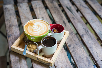 High angle view of coffee on table