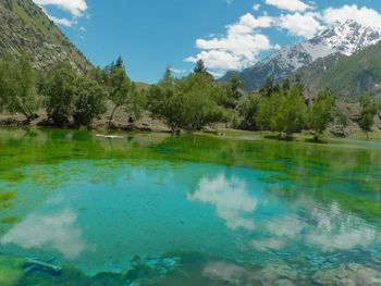 Scenic view of lake and mountains against sky