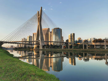 Bridge over river in city against clear sky