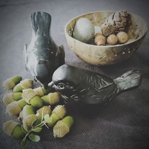 High angle view of fruits in bowl on table