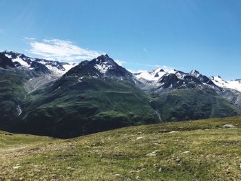 Scenic view of snowcapped mountains against sky