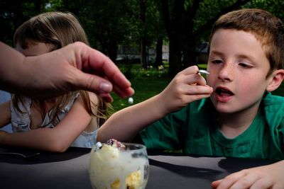 Portrait of cute girl holding ice cream on table