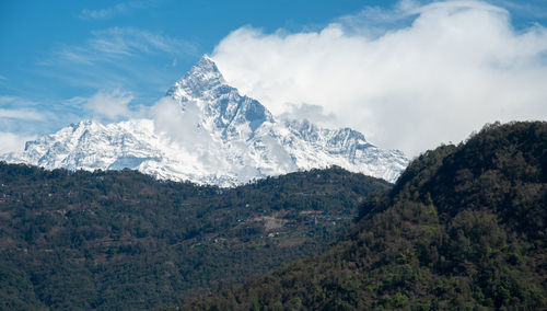 Scenic view of mountains against cloudy sky