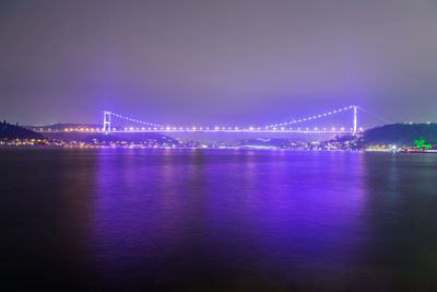 Illuminated bridge over river at night