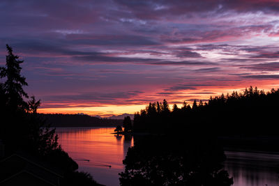 Scenic view of lake against orange sky