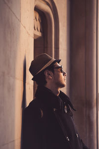 Close-up of man wearing hat