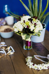 High angle view of flower vase on table