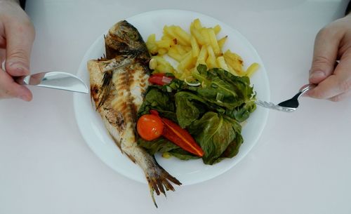 Cropped hands holding fork by plate with fish food at home