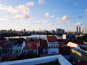 High angle view of buildings against sky