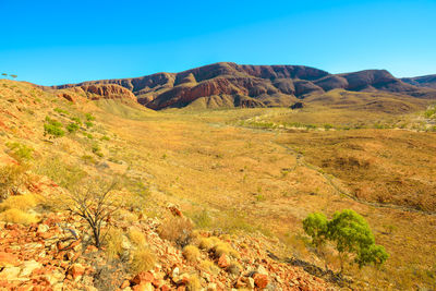 Scenic view of mountains against clear blue sky