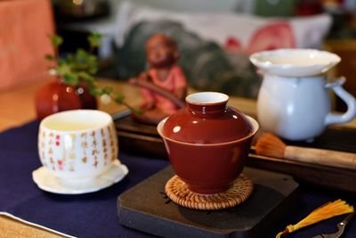 Close-up of tea cup on table