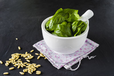 High angle view of vegetables in bowl on table