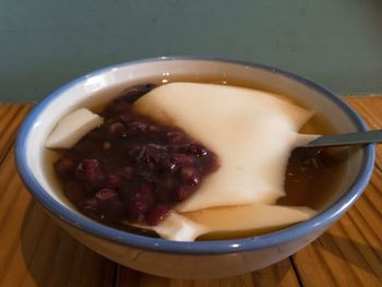 High angle view of drink in bowl on table