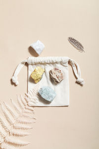 Dry fern and crystal minerals on beige background. magic rock for crystal ritual, witchcraft