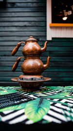 Tea kettles on table