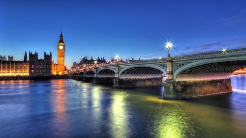 Bridge over river against built structures