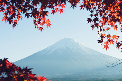 Scenic view of snowcapped mountains against clear sky