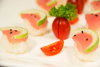 Close-up of sushi served in plate