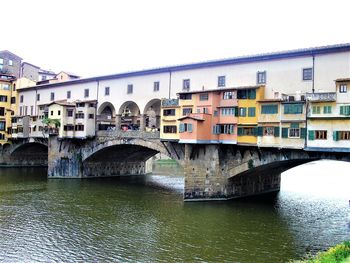 Arch bridge over river by buildings against clear sky