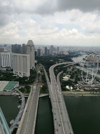 High angle view of cityscape against cloudy sky