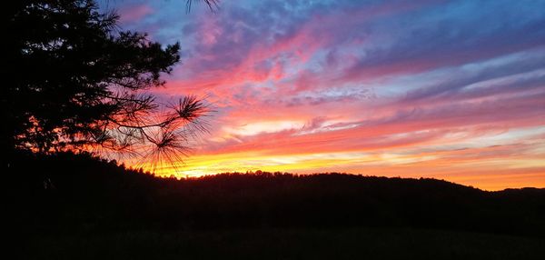 Silhouette trees on field against romantic sky at sunset