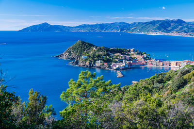 View over the peninsula of sestri levante from the trail of punta manara, on the italian riviera