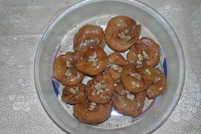 High angle view of dessert in plate on table